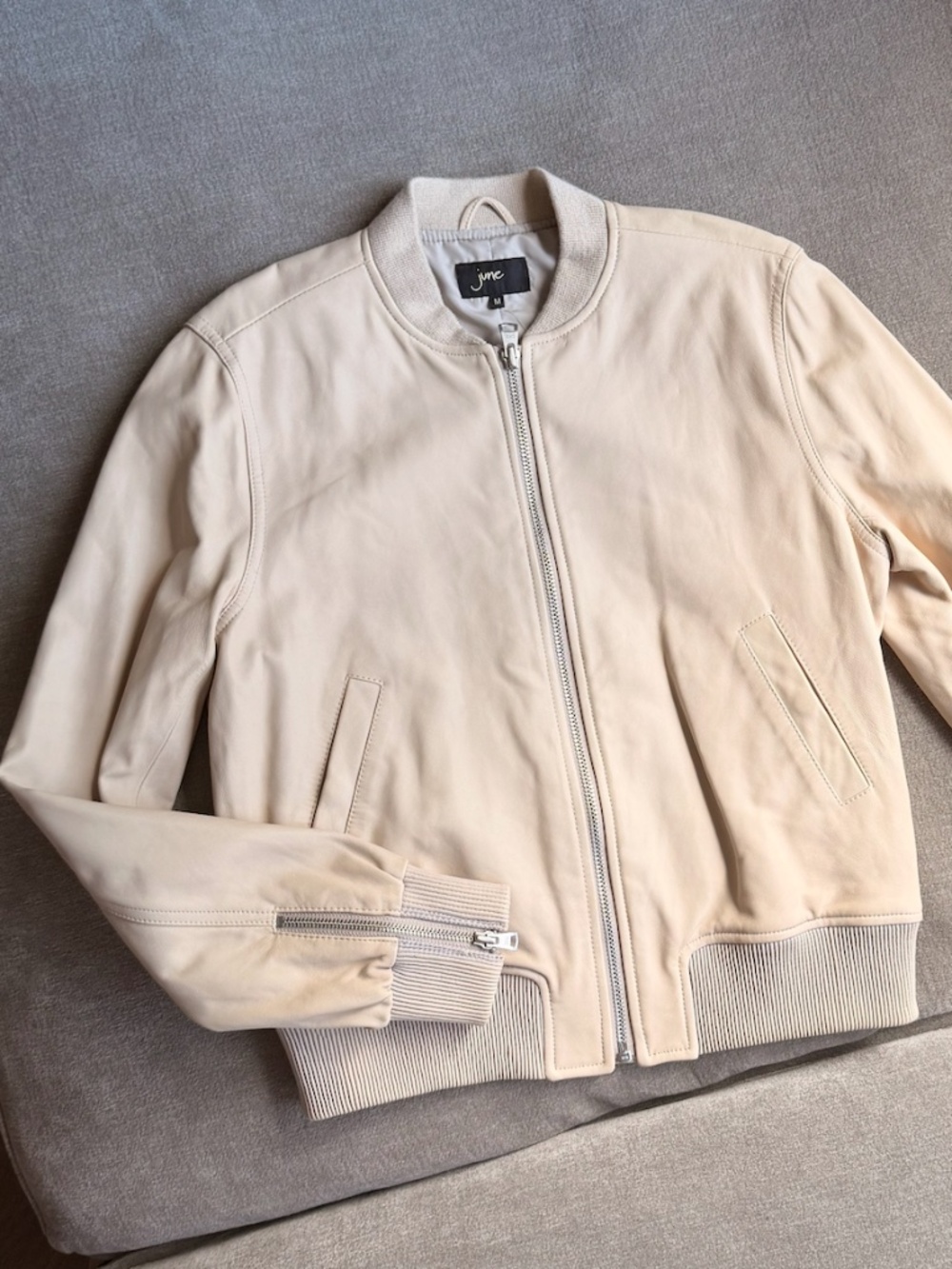 JUNE- Genuine Leather Bomber Jacket Cream Beige Size M